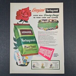 1953 Armour Vertagreen Plant Food Energized Fertilizer Vintage Print Ad Garden